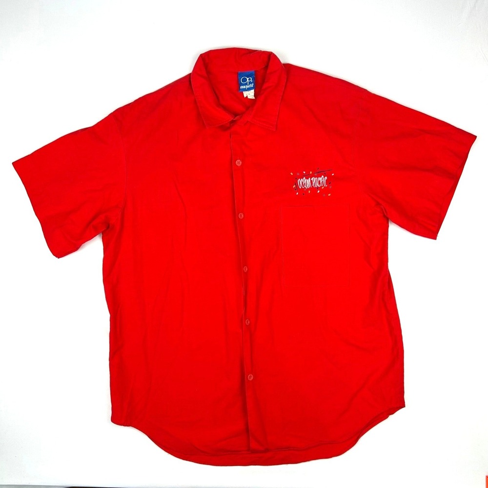 Vintage Ocean Pacific Mens Red Surfer Graphic Short Sleeve Button Up Shirt M